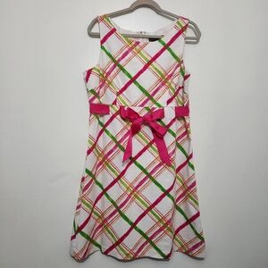 Jessica Howard Sz 14 Dress White Pink Green Yellow Plaid Ribbon Bow Belt Spring